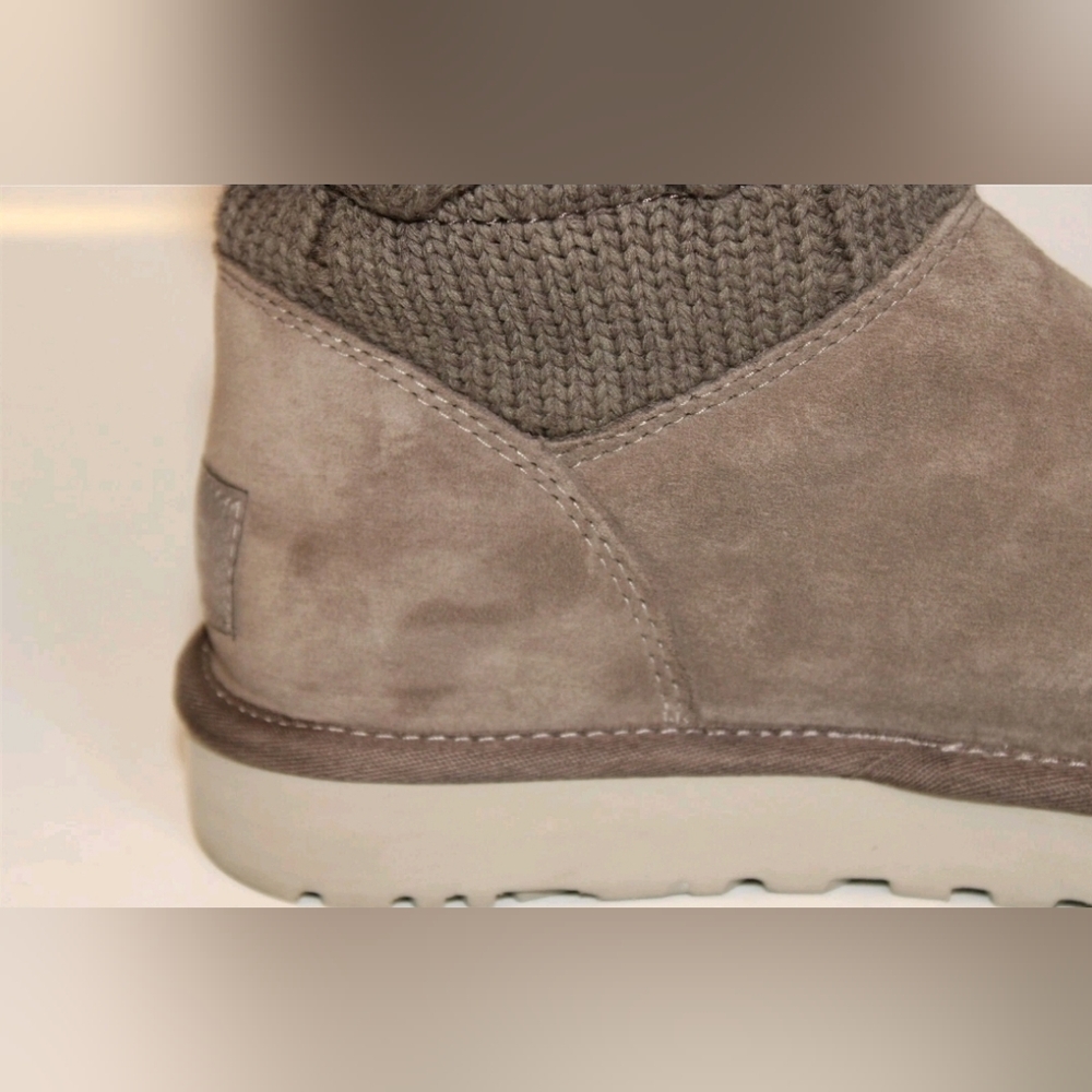 UGG Kiandra Willow Ribbon Bow Gray Knit Sweater Fabric Suede Shearling Boots 10 - Picture 8 of 16